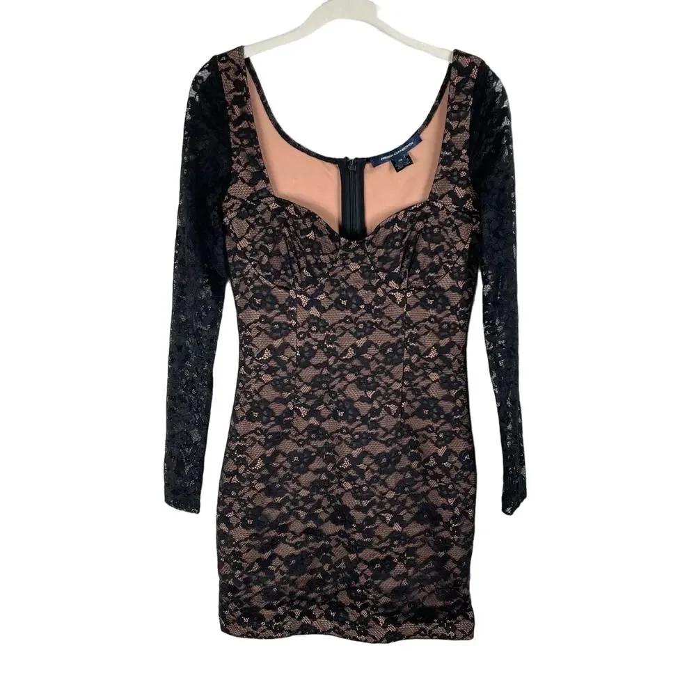 French Connection Thora Lula Long Sleeve Ponte Lace Mini Dress Size S Black NWOT